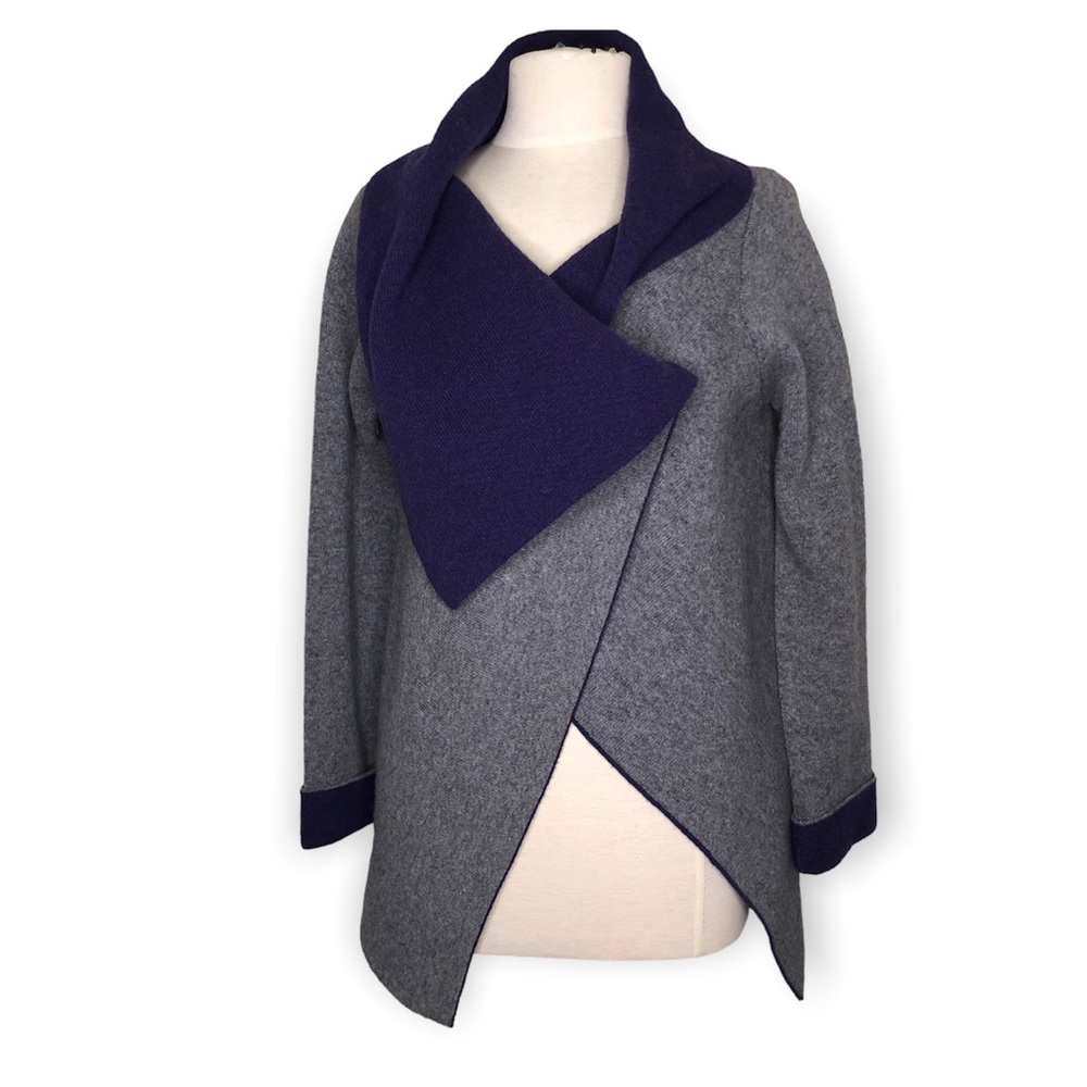 A IDA Grey & Purple One Button Cardigan Sweater Wool Blend